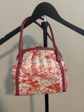 Authentic Japanese Kimono Bag Red Floral Obi Style Structured Clasp Purse